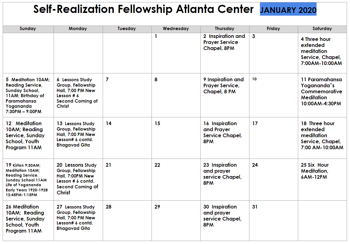 Monthly Services Calendar | SRF Atlanta